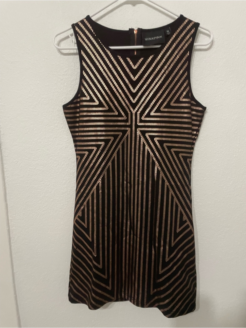 MINKPINK Black with Rose Gold Geometric design Mini Dress, Size M NWOT